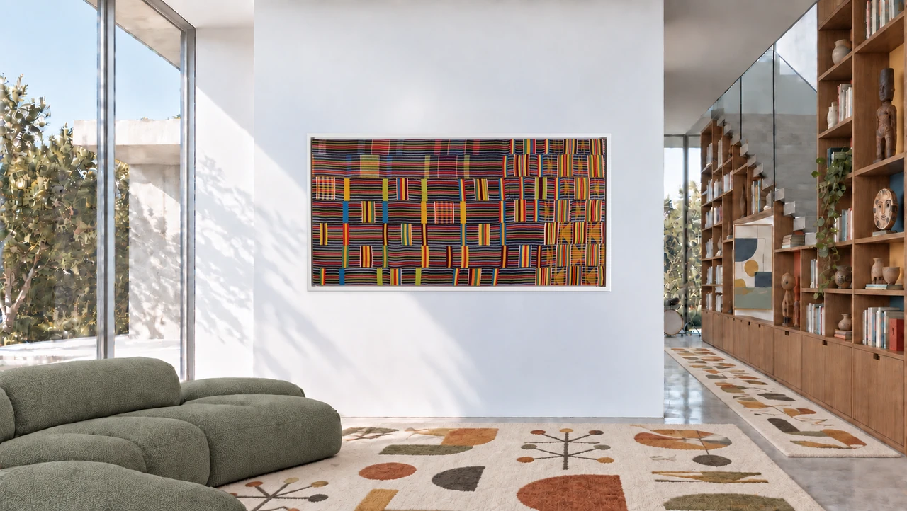 Interior visualisation of EWE-024 displayed horizontally at the same scale as the vertical room view, with a vintage sage-green sofa and cream geometric wool carpets.
